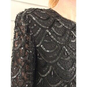80s Black Beaded Blouse Silk Evening XS Vintage AS IS Bead Loss